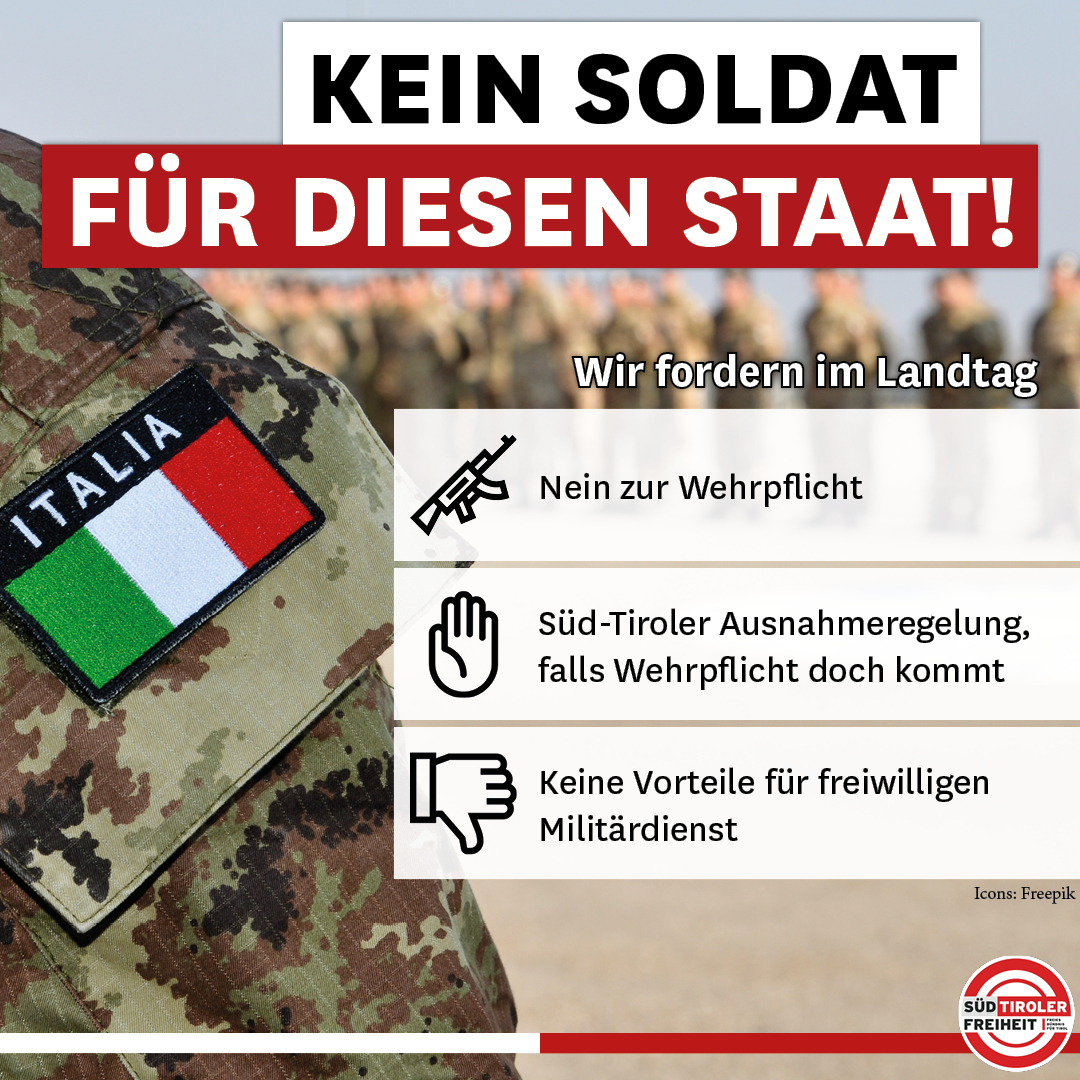 tirolerfreiheit's tweet photo. 🇮🇹 Die italienische Regierung will einen freiwilligen 40-tägigen Wehrdienst einführen. Dieser soll eine #Vorstufe zur #Wiedereinführung der allgemeinen #Wehrpflicht sein.
👎 Die Süd-Tiroler Freiheit spricht sich gegen jegliche Form einer Wehrpflicht aus und wird im Landtag aktiv https://t.co/PRSIvi8kaU