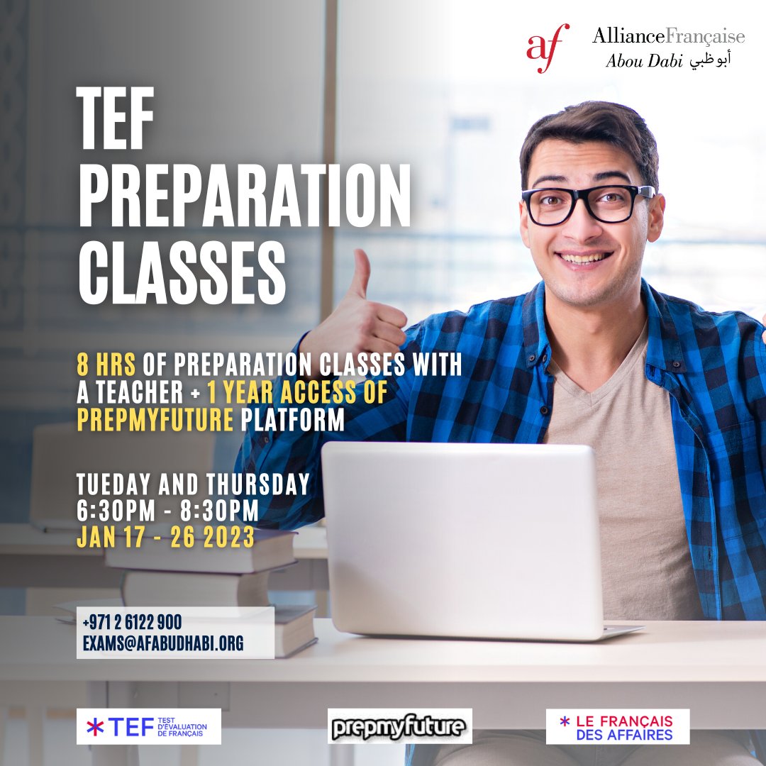 TEF PREPARATION EXAM. 📖
Starts on 17 - 26 January.
 CALL US TODAY TO LEARN MORE. 📞📞
Click the link below
👇👇👇👇
afabudhabi.org/courses-french…