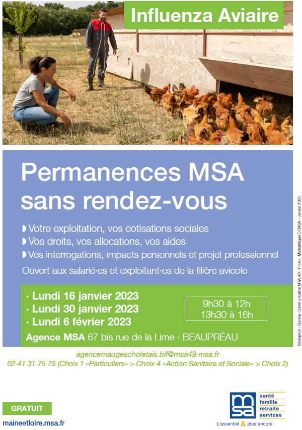 @msa49actu L'épidémie #InfluenzaAviaire a de nouveau touché notre département et tout particulièrement les #Mauges . Afin de répondre aux différents questionnements des exploitants et salariés de la filière avicole🐔🦃🦆, la MSA leur propose des permanences à l'agence Beaupréau.