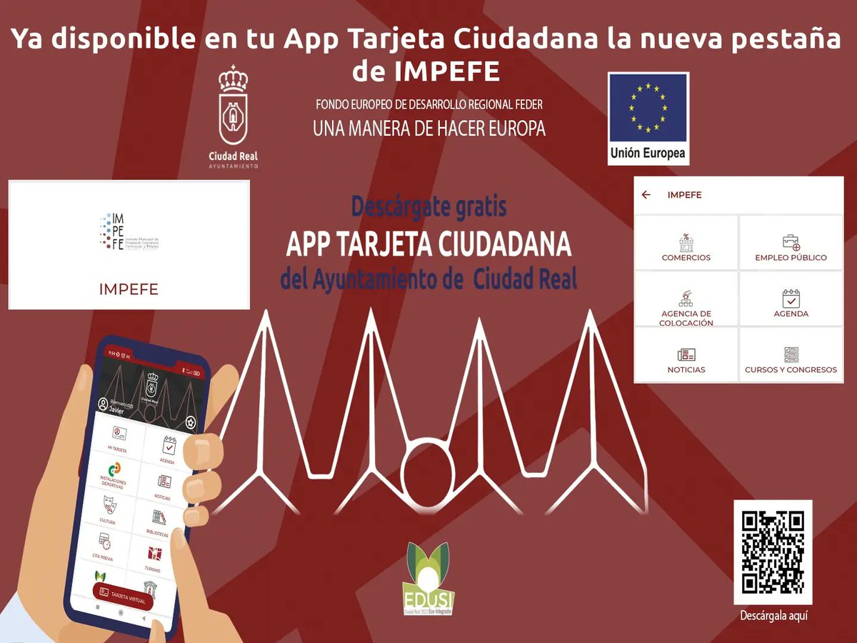 EDUSICiudadReal's tweet photo. Ya disponible en tu APP TARJETA CIUDADANA toda la información de IMPEFE!!  

¡Empleo, agenda, noticias, cursos y toda la información de forma rápida, sencilla y accesible!

Ciudad Real en la palma de tu mano.

EDUSI Ciudad Real 2022 ECO - Integrador

#UnaManeraDeHacerEuropa https://t.co/Ag5brrkfx2