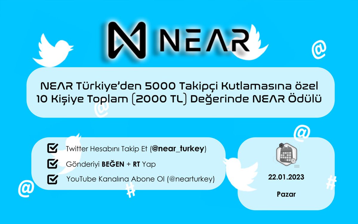 near_turkey's tweet photo. 🎙️#Near Türkiye’den 5000 Takipçi Kutlamasına özel 10 Kişiye Toplam (2000 TL) Değerinde Near Ödülü 🥳🎁

🗓️22 Ocak Pazar 2023 

Katılım Şartları 👇 

✅ @near_turkey hesabını takip et  
✅ Beğen ve RT Et 
✅ Youtube Kanalına Abone Ol 👇
(https://t.co/SddRqstkkm)

#Airdrop #NEAR https://t.co/2ckU18wIbH