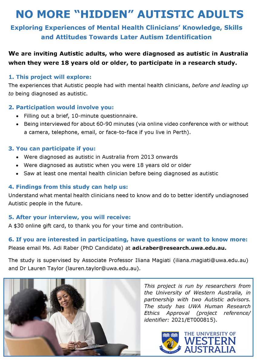 AdiRaber's tweet photo. No More “Hidden” Autistic Adults…

Are you an Autistic adult living in Australia? Were you diagnosed as an adult from 2013 onwards? Do you want to help improve how mental health clinicians identify and diagnose autism in adults? 

Consider participating in our study! https://t.co/Ddesf83xrQ