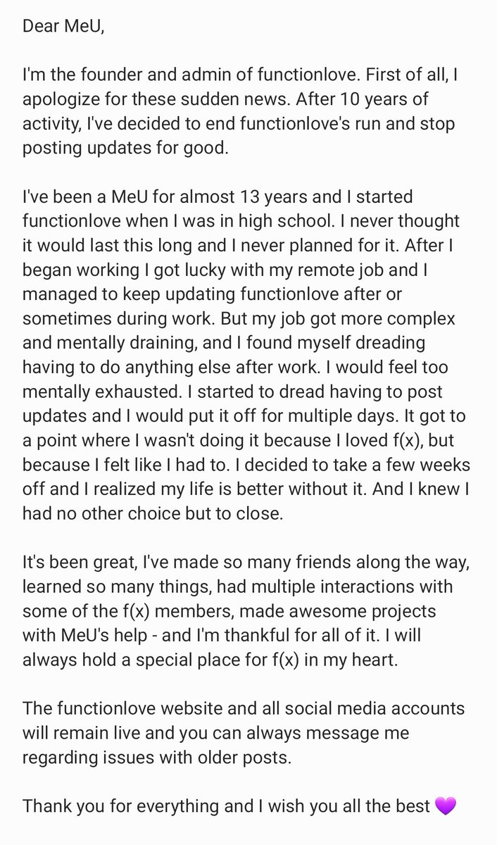 functionlove's tweet image. 06.10.2012 - 09.01.2023 CLOSE
Thank you for everything 💜 Will miss you all!
The functionlove website, Twitter, YouTube, Instagram, Facebook and flickr will all remain live for as long as possible so you can keep viewing past updates 🤗
