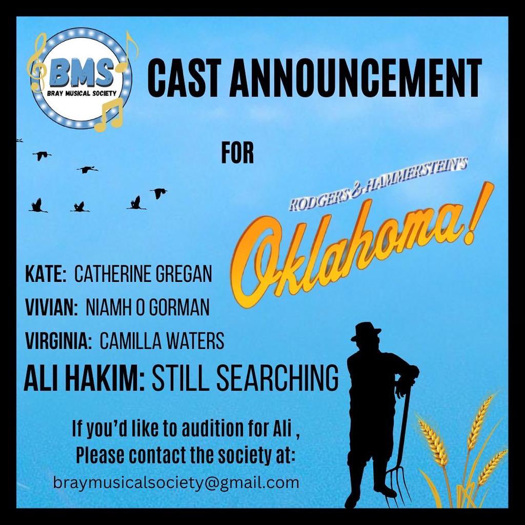 We’re thrilled to announce our amazing cast for OKLAHOMA! ✨💫 Well done to everyone and a huge thanks to all who took the time to audition. 
#oklahoma #braymusicalsociety #musicaltheatre #musicaltheatreireland #castannouncement #upcomingshow