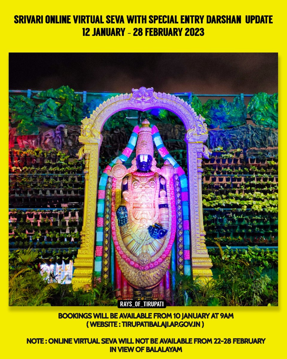 raysoftirupati's tweet photo. Srivari Virtual Seva With Special Entry Darshan Booking Update - 12 Jan - 28 Feb 2023
#Tirumala #Tirupati #virtualseva #lordperumal #lordbalaji https://t.co/HjF8YQ5WXE