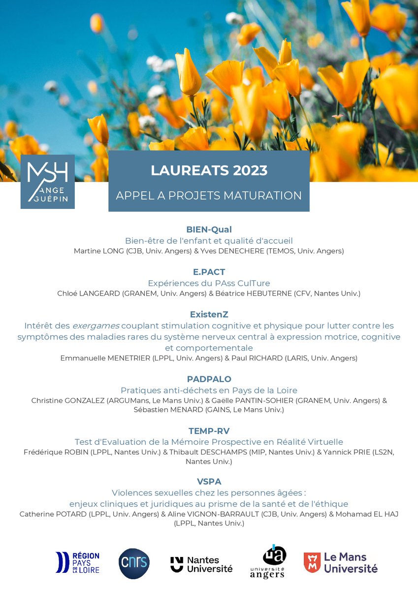 MSHAngeGuepin's tweet photo. 📢 RÉSULTATS 📢
Bravo aux 6 projets 🏆 lauréats de notre appel Maturation 2023 !
@AngersCjb #GRANEM @TEMOS_histoire #LPPL #ARGUMans #CentreFrançoisViète #LARIS #GAINS @LaboMIP @LaboLS2N
Découvrir les projets ⬇️
https://t.co/XoHA2WcLpV
avec le soutien de @paysdelaloire https://t.co/5h7AIEE8sK