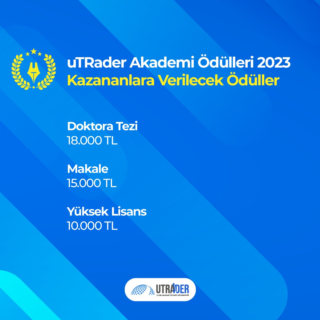 UtraderOrg's tweet photo. Ödülün kapsamına giren tamamlanmış veya yayınlanmak üzere olan akademik çalışmalarınız var ise başvurularınızı 15 Eylül 2023'e kadar yapabilirsiniz.
Detaylar ve ilk ödülün töreni ile kazananları için: https://t.co/vzRHiBh8hQ
#utraderorg #akademiödülleri2023 https://t.co/zkDctxbWUU