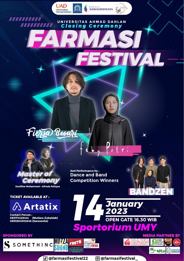 FiersaBesari's tweet photo. Dulur dan Kawan Yogyakarta, sampai ketemu di Closing Ceremony Farmasi Festival 2022
.
14 Januari 2023
Sportorium UMY
.
Tiket: https://t.co/3mEsKbiLih
.
☎️ : 083174429444 (Mutiara)
☎️ : 0895364902646 (Sarasevita) https://t.co/VsonjytjyY