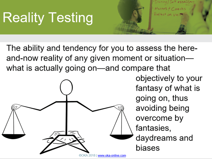 Reality testing is the psychotherapeutic function by which the objective or real world and one's relationship to it are reflected on and evaluated by the observer. Wikipedia