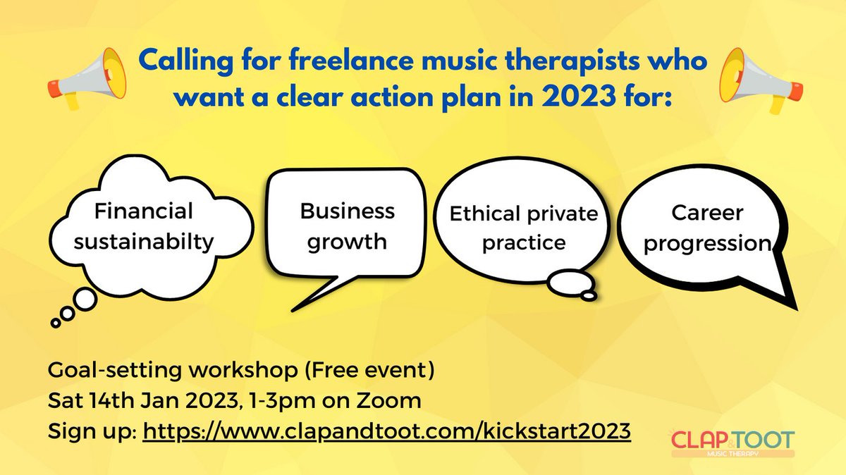 I'm running a free workshop for freelance music therapists this Sat. If you're hoping to set financial, business &amp; professional goals for 2023, but don't know where to start, this is for you! clapandtoot.com/kickstart2023 <a href="/musictherapyuk/">Music Therapy: BAMT</a> #musictherapy