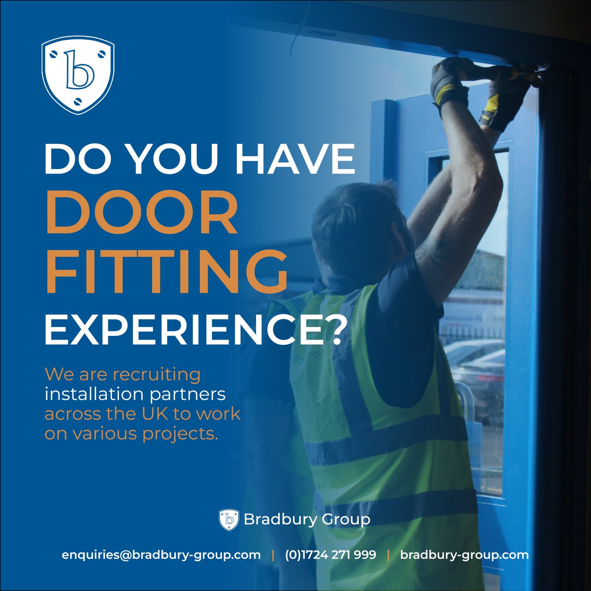 We are seeking installation partners to work on various projects across the UK in a range of exciting sectors.

Interested? Get in touch today to join our approved subcontractor list. Just call (0)1724 271 999 and ask to speak with a member of our installation team.

#JoinOurTeam