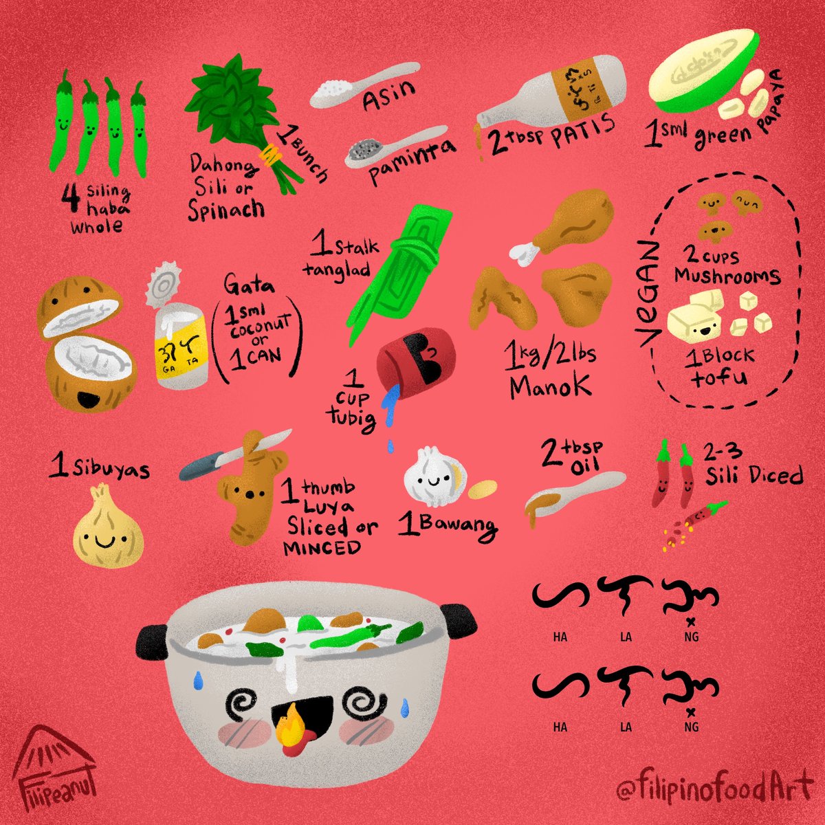 filipinofoodart's tweet image. Halang-halang is a Bisaya spicy coconut chicken recipe that varies by location in the Visayas. Some recipes strictly use ginger, others use sili or chilis, to achieve that perfect heat. Printable: etsy.com/listing/137469…