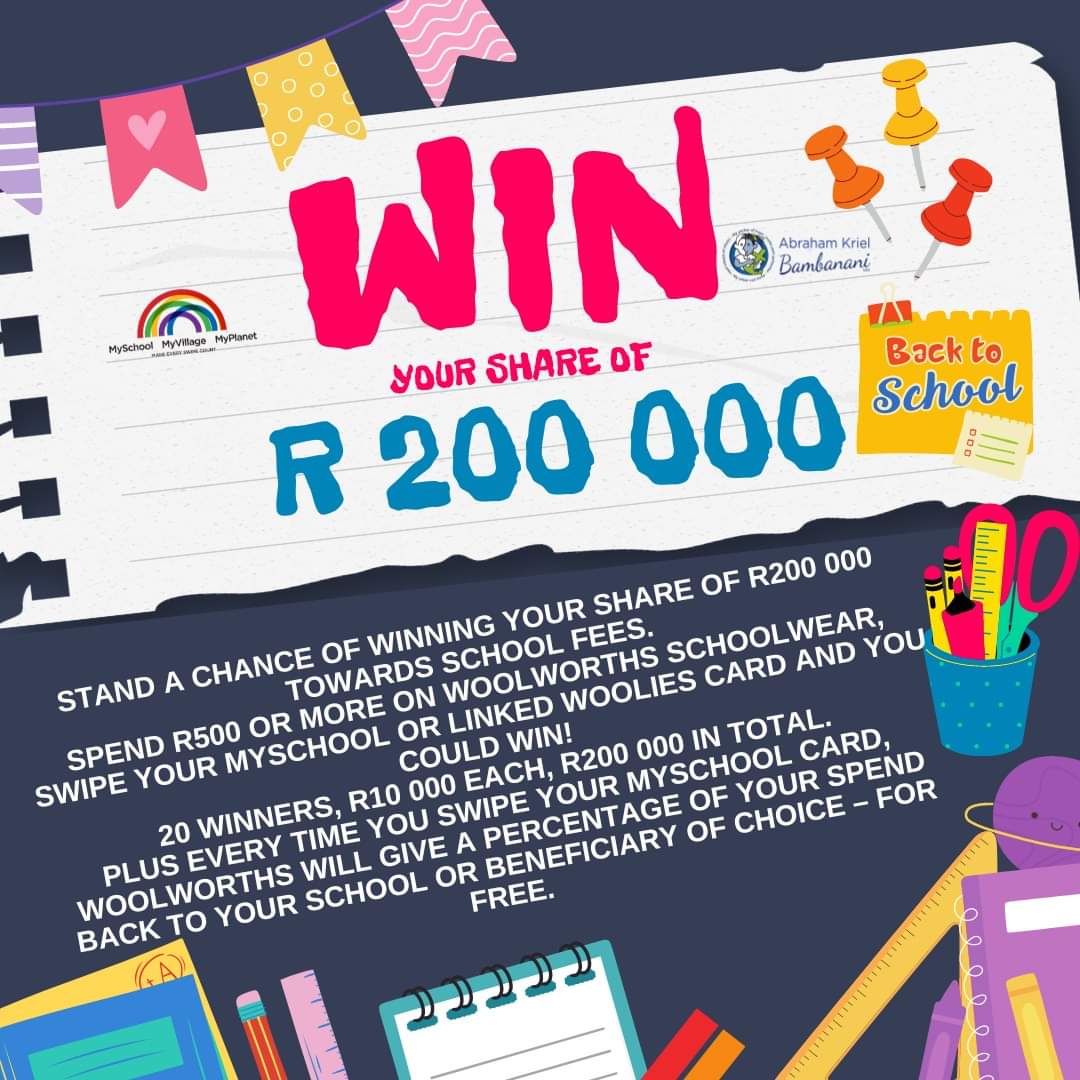 It's #backtoschool time and a R10 000 cash injection towards your child's school fees will go a long way.
Spend R500 or more on <a href="/WOOLWORTHS_SA/">Woolworths SA</a> school wear, swipe your <a href="/MySchoolSA/">MySchool SA</a> card or linked <a href="/WOOLWORTHS_SA/">Woolworths SA</a> card &amp; you could be 1 of 20 winners, who will win R10 000 in