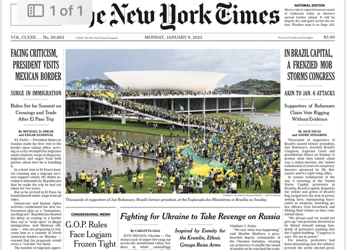 For the second Monday in a row, Brazil is on the front page of The New York Times — for very different reasons.