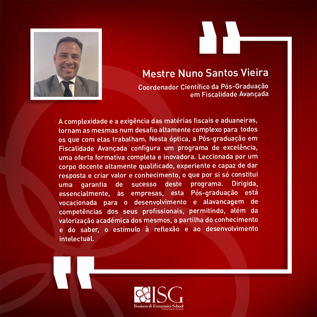 InstSupGest's tweet photo. O Mestre Nuno Santos Vieira é o Coordenador Adjunto da nossa Pós-Graduação em Fiscalidade Avançada.
O professor ajuda-o a descobrir porque deve escolher este curso.

Pode fazer a sua candidatura a esta Pós-Graduação em: https://t.co/PE6H5SYqeZ

O Futuro Começa Aqui! https://t.co/pUFt6by8tD