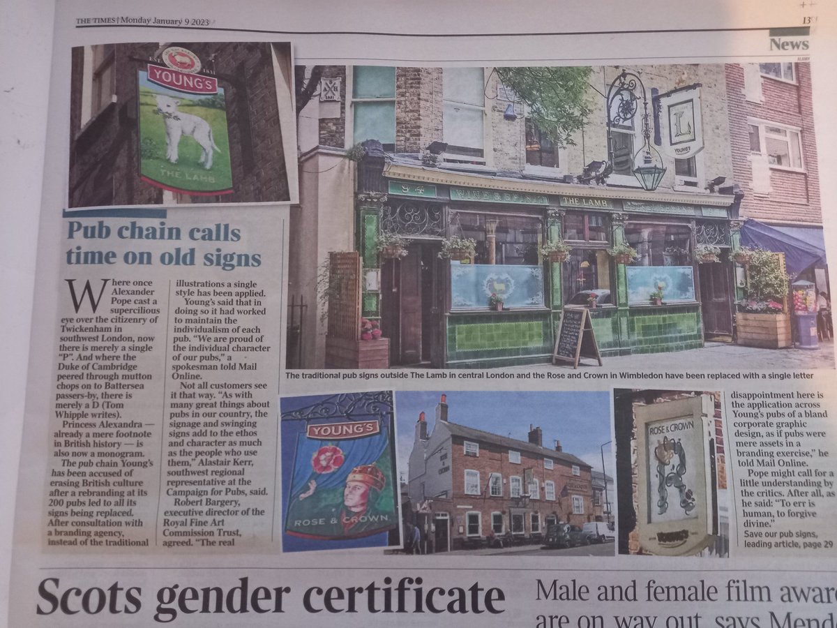 Thanks to @whippletom for spk with me yesterday about @YoungsPubs change in design on iconic pub signs to a more minimal look. The artistry of #Pub signs adds to the ethos, character & charm of our beloved #UKPubs - My quote today @thetimes @CampaignforPubs