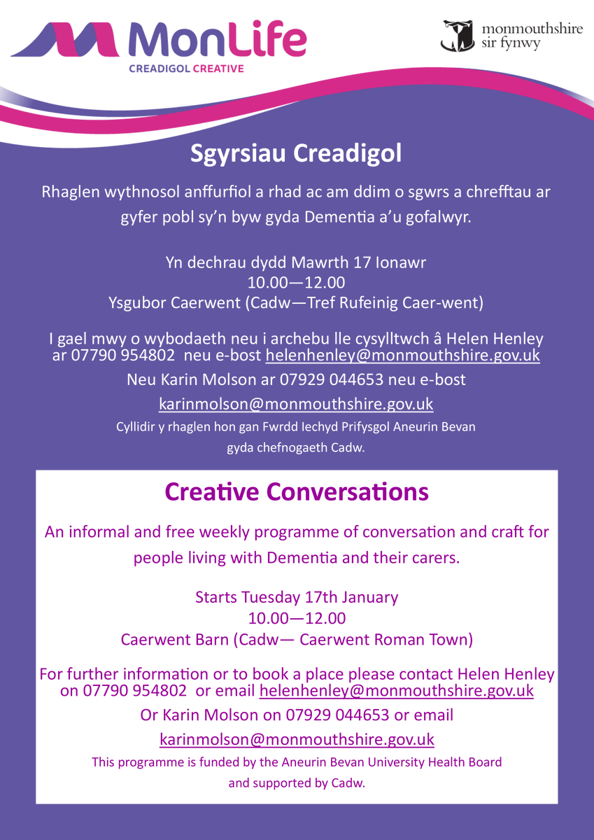 MonLifeLearning's tweet photo. Sgyrsiau Creadigol! Creative Conversations!

Rhaglen wythnosol anffurfiol a rhad ac am ddim o sgwrs a chrefftau ar gyfer pobl sy’n byw gyda Dementia a’u gofalwyr.

An informal and free weekly programme of conversation and craft for people living with Dementia and their carers. https://t.co/xi7lBLTfYl