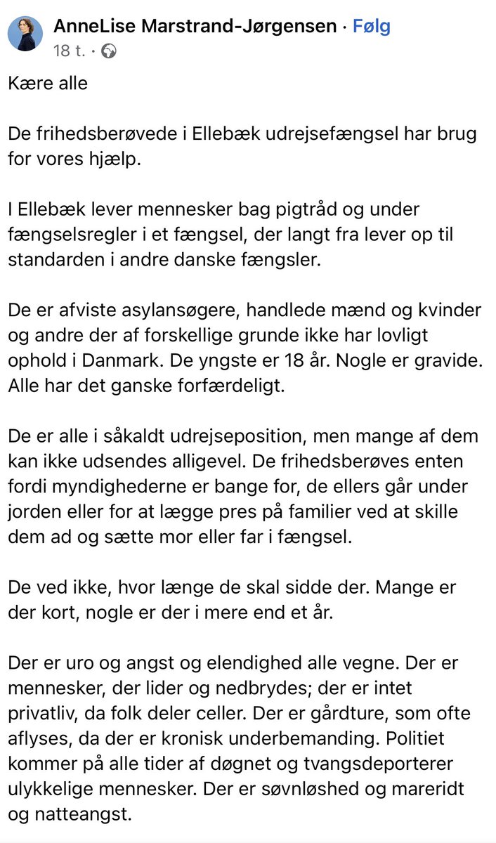 lydrummet's tweet photo. For dem, der gerne vil gøre en god gerning i dag: Læs denne skræmmende tekst fra Anne Lise Marstrand-Jørgensen om de sørgelige forhold i Ellebæk udrejsefængsel. Støt gerne hvis I kan. Og retweet gerne.

Mobilepay:
71681 (Grønnevang menighedspleje)
Mrk. “Telefonkort til Ellebæk” https://t.co/cj6Q9x7Cr2