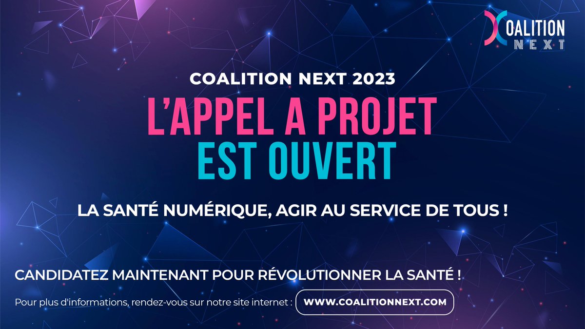 📣 Coalition Next dévoile son troisième appel à projets : La santé numérique, agir au service de tous !

C'est maintenant l'occasion de candidater et ce à partir du 25 janvier jusqu'au 8 mars 2023 - 12h00 📅

Pour en savoir plus 👉 lnkd.in/eEaSbayk