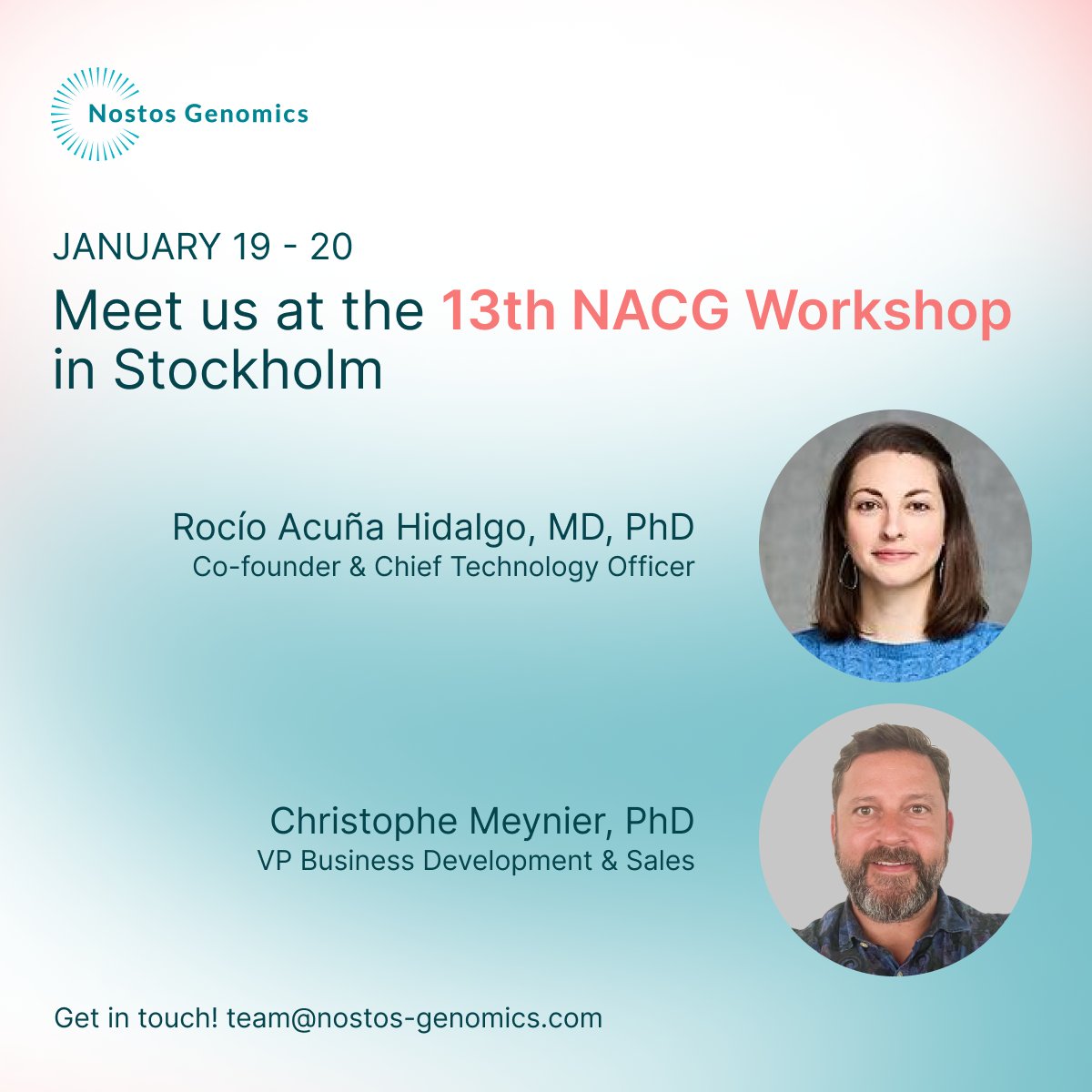 Nostos Genomics (@nostosgenomics) on Twitter photo We're attending the 13th #NACG workshop in Stockholm next week! We'd love to meet you if you're there -- get in touch via team@nostos-genomics.com! 🧬 #genomics #ngs #RareDisease We're attending the 13th #NACG workshop in Stockholm next week! We'd love to meet you if you're there -- get in touch via team@nostos-genomics.com! 🧬 #genomics #ngs #RareDisease