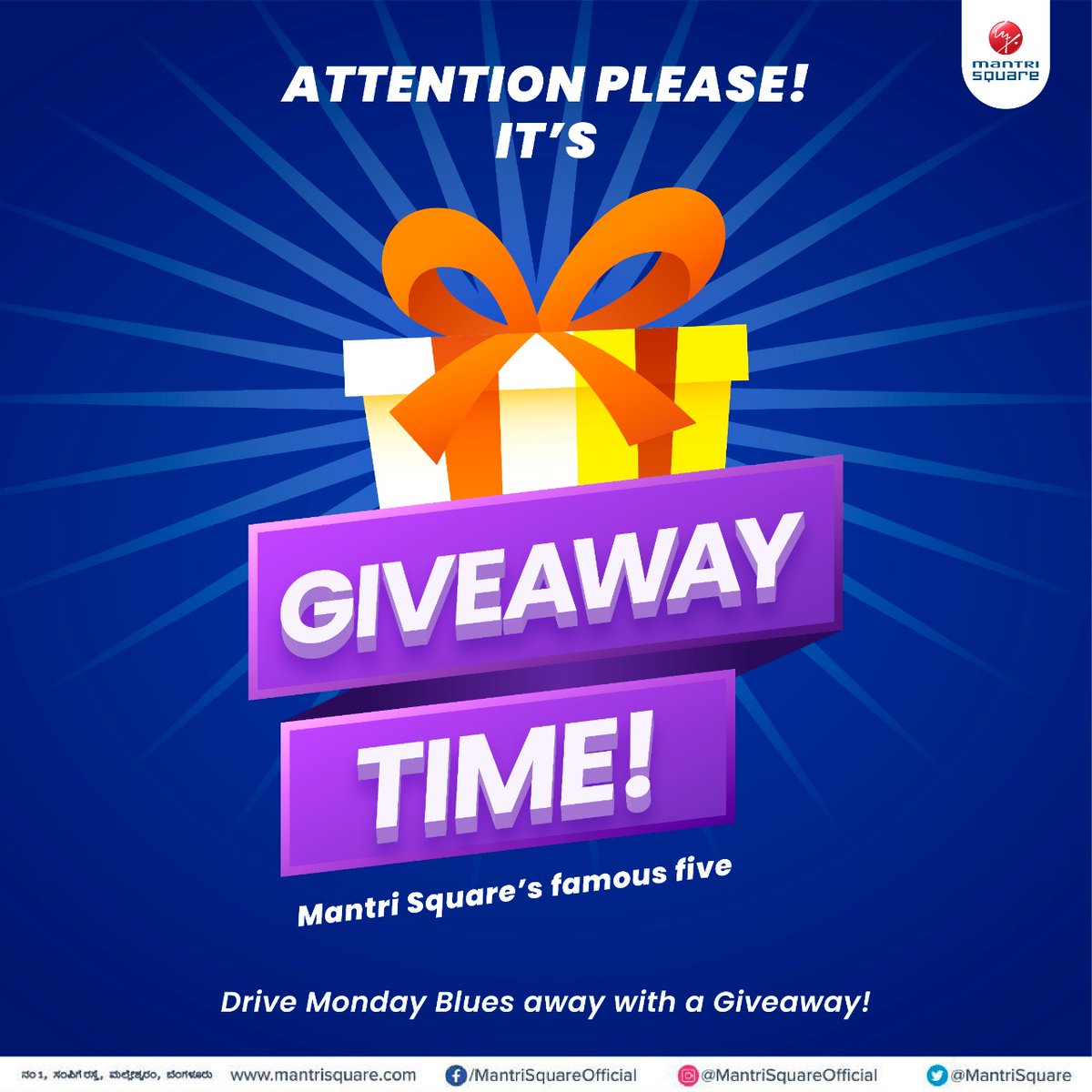 MantriRetail's tweet photo. Kick out #MondayBlues with #Mantri Square🤗
 #Participate in our #famousfive contest 

Best 5 win assured gift vouchers.Rules: 
1.follow @MantriRetail 
2.Share your motivation in the replies
3.Use #famousfive
4.Tag 3 friends 

Contest ends 13th Jan.
#giveaway #win #contest https://t.co/nEgQiJJzkN