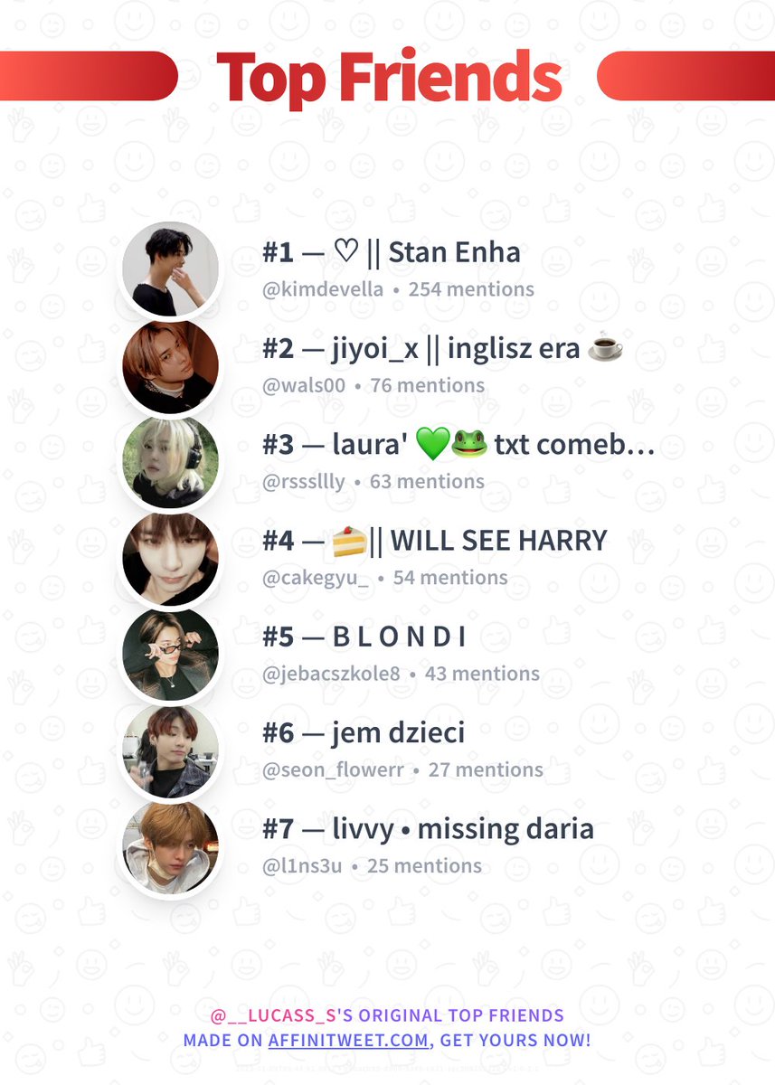 ✨ Top Friends 

🥇 kimdevella
🥈 wals00
🥉 rsssllly
🏅 cakegyu_
🏅 jebacszkole8
🏅 seon_flowerr
🏅 l1ns3u

➡️ affinitweet.com/top-friends