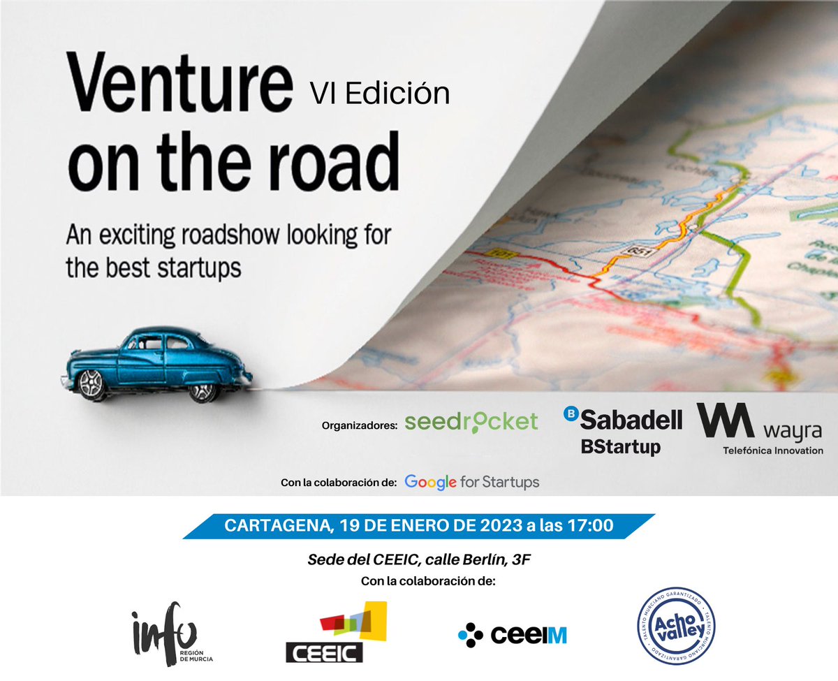 CEEICT's tweet photo. ‼️ÚLTIMAS HORAS 

Si eres una #Startup 🚀 Murciana en fase Seed 🌱 esto te interesa 👇

Encuentra a los Inversores que estabas buscando en el 🚘 VI VENTURE ON THE ROAD CARTAGENA 🚘

🖱️ Inscribe tu proyecto https://t.co/EzElR1BrC2 https://t.co/1PqcFXMhkl