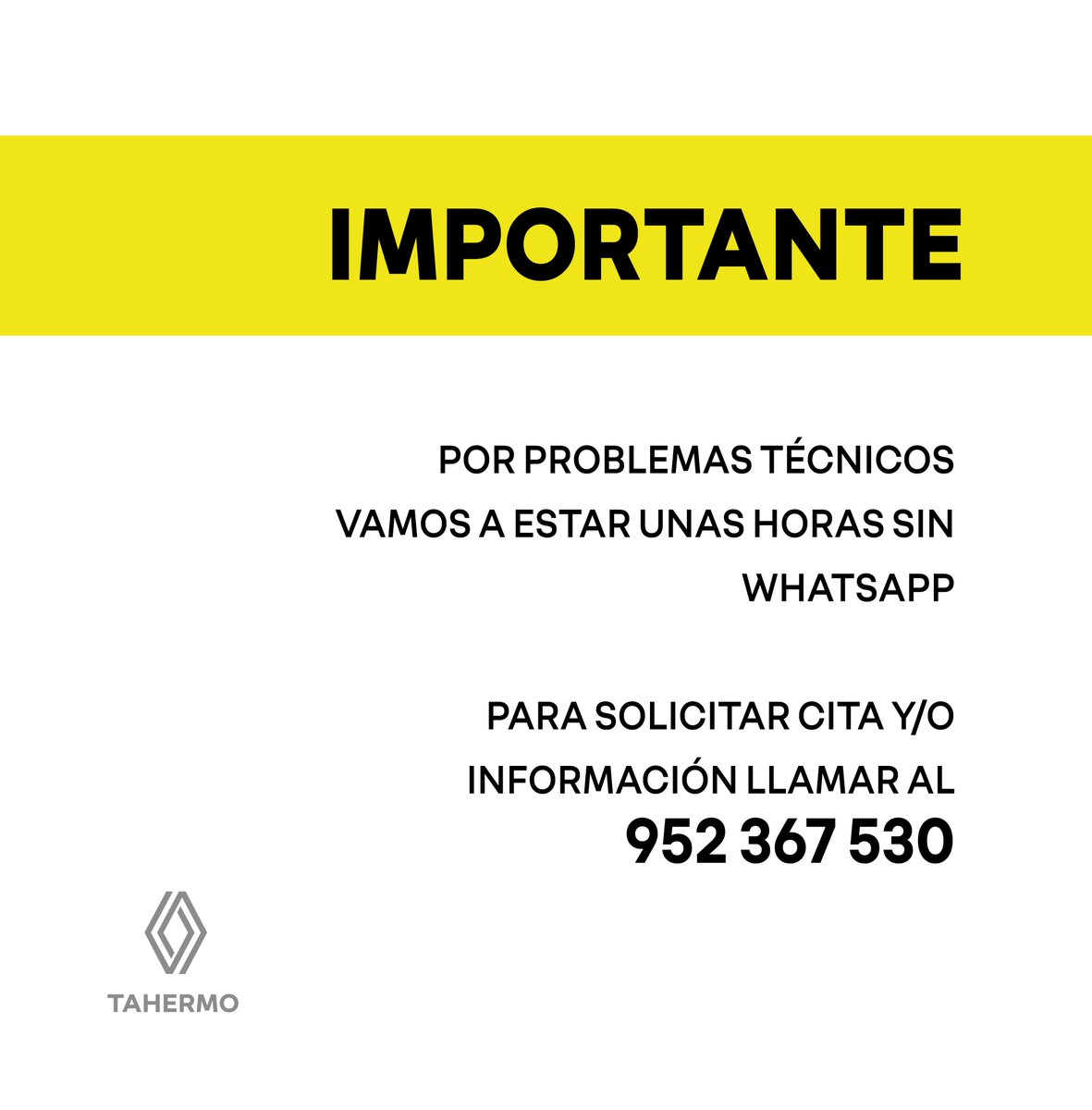 Tahermo_Renault's tweet photo. Para solicitar cita y/o información llamar al
952 367 530
#TAHERMO #WHATSAPP https://t.co/BRQO8iuKhB