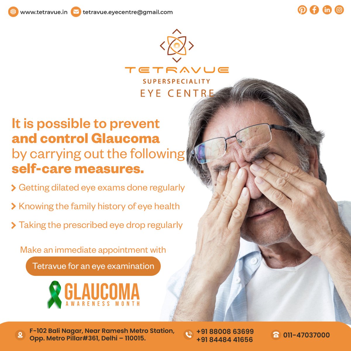 Don't lose sight of the big picture
The best technique for glaucoma prevention is early detection. #GlaucomaAwarenessMonth #TETRAVUE #eyecentre #eyecheckup #eyedoctor #delhiindia #glaucomaawareness #glaucoma #glaucomasurgery #glaucomatreatment #kalamotiya #eyehospital #eyecare