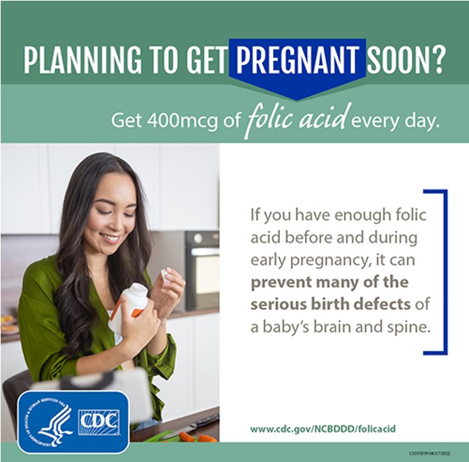 HealthyStartSLC's tweet photo. Planning to become pregnant? CDC recommends getting 400 micrograms (mcg) of folic acid each day, which can help prevent major birth defects of a baby’s brain and spine. #FolicAcid #powertoprevent https://t.co/n6MqcNqUl4