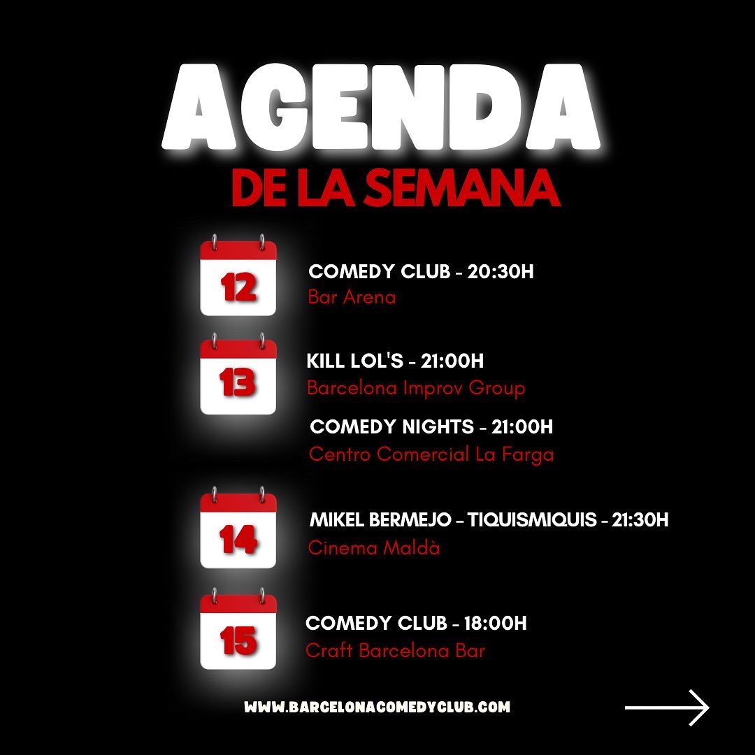 AGENDA DE LA SEMANA 😁🎤🗓 Descubre todos los eventos en detalle en el instagram @barcelonacomedyclub o en nuestra página web barcelonacomedyclub.com (enlace en la bio) 🎟
