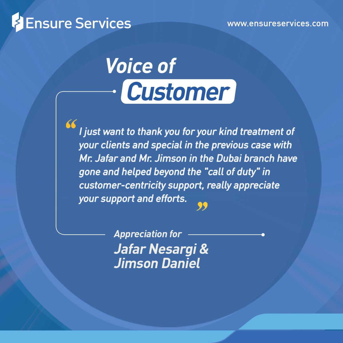 EnsureConnect's tweet photo. We are delighted that Ensure Services meets your needs. Our earnest desire is to assist each of our customers to utmost satisfaction.

#Appreciation #Testimonial #VOC #VoiceOfCustomer
#EnsureServices  #MiddleEast #AuthorisedServiceProvider #ITSolutionsProvider https://t.co/GAoJ9tk1GN