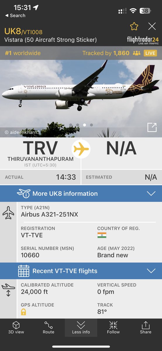 satyamsantosh48's tweet photo. VT-TVE currently the #1 tracked flight worldwide on FR24. #VistaraTurns8 https://t.co/Uk5GNPdmaR