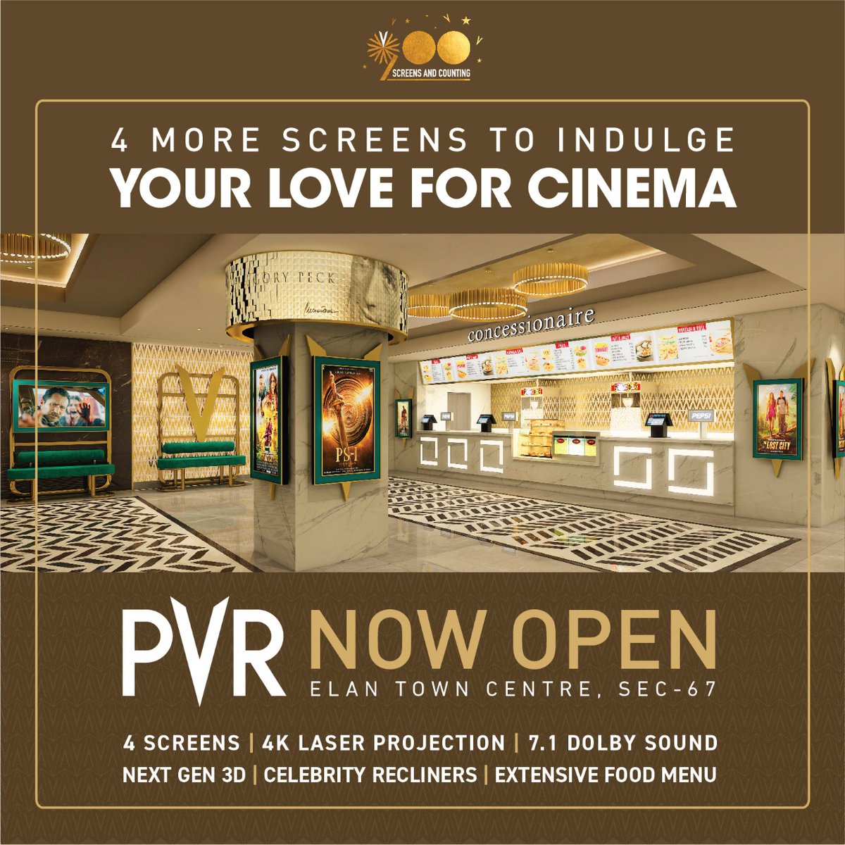 _PVRCinemas's tweet photo. We have some entertaining news for our Gurugram fam!
#PVR has opened new 4 screens cinema at Elan Town Centre, Sector-67, Gurugram. It comes with 4K laser projection, 7.1 Dolby sound, next-gen 3D, celebrity recliners, and an extensive food menu.
#NewOpening #NewPVR #NowOpen https://t.co/IfVlUIPKo9