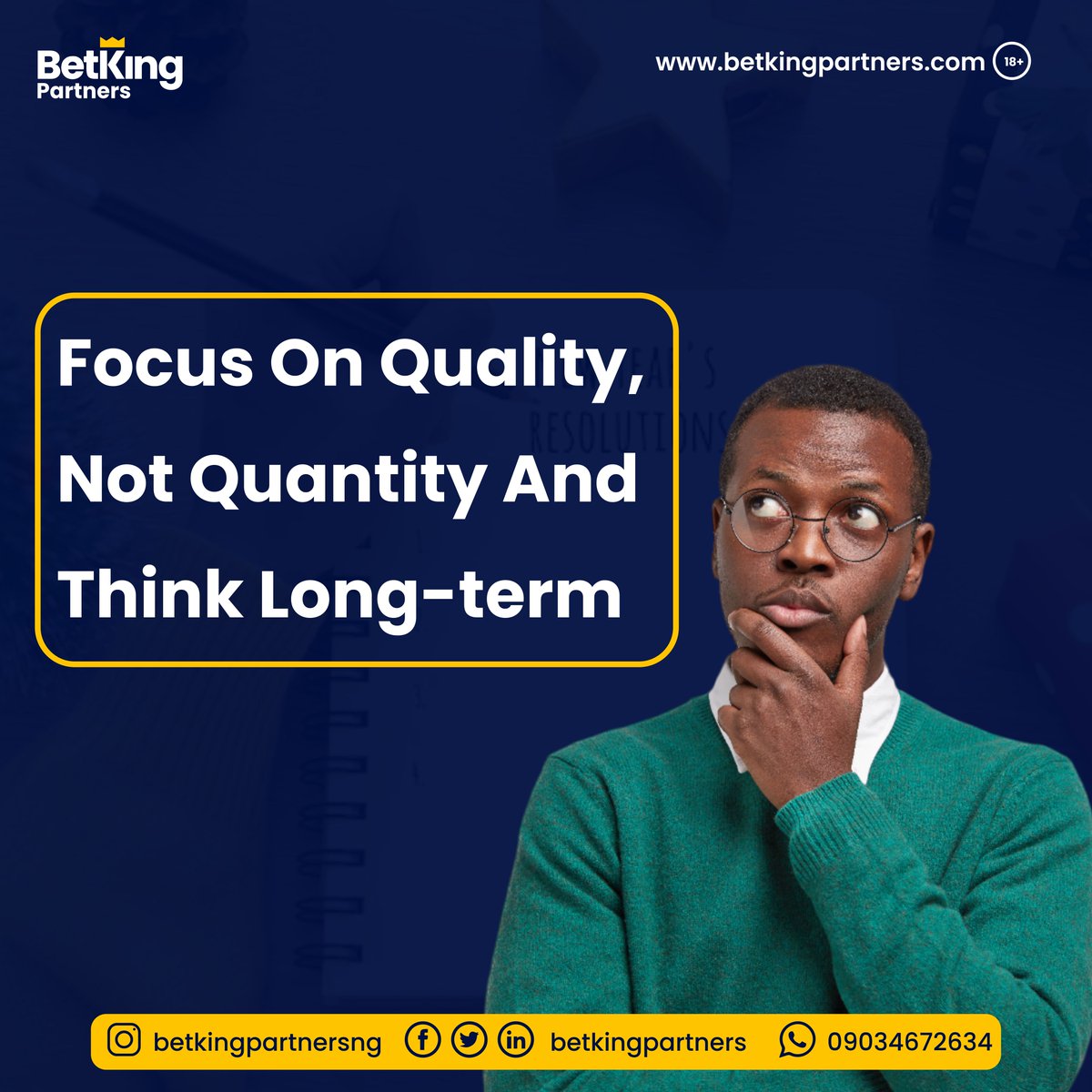 BetkingPartners's tweet photo. In this new year, we hope you focus your resources on quality and leave quantity behind.

Think long-term and not short term as short-term benefits are only short-lived.

From all of us at Betking Partners we wish you a prosperous and fulfilling new year.

#betkingpartners https://t.co/Fidkr7Wzo7