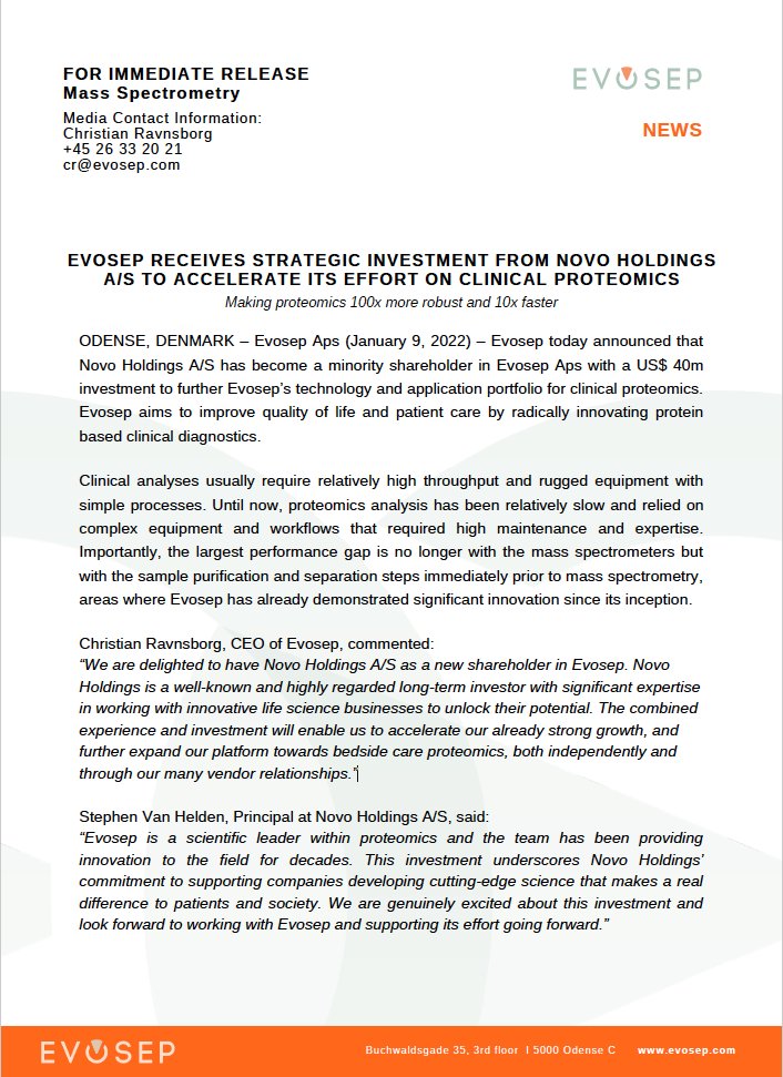 EvosepBio's tweet photo. ODENSE, DENMARK – Evosep Aps (January 9, 2022)
Evosep today announced that @novoholdings has become a minority shareholder in Evosep Aps with a US$ 40m investment to further Evosep’s technology and application portfolio for clinical proteomics.
#proteomics #clinicalanalysis https://t.co/0CEnpe1QQm