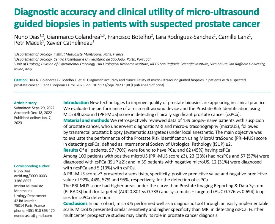 Micro-ultrasound guided prostate biopsies and Prostate Risk Identification using MicroUltraSound (PRI-MUS) perform well presenting similar sensitivity and higher specificity than MRI in detection of significant #prostatecancer
@NunodiasUro @GianmarcoColand @Lara__Rodriguez