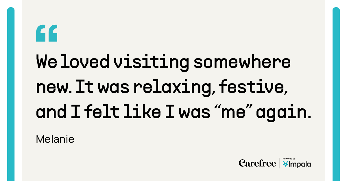 These are the worlds of Melanie, an unpaid carer, who took a donated break in December with our charity partner <a href="/carefreespace/">Carefree</a>. They're now taking bookings for 2023. Hotels - find out how you can help below.

carefreespace.org/give-rooms/