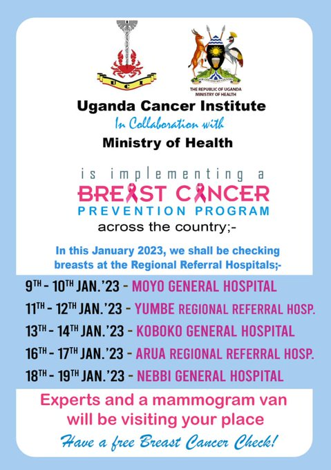 The people of West Nile, Breast Cancer screening is coming to a district near you with outreaches that start this week, Monday.  It is free and available from experts. @MinofHealthUG 
#breastcancerawareness 
#BreastCancerScreening