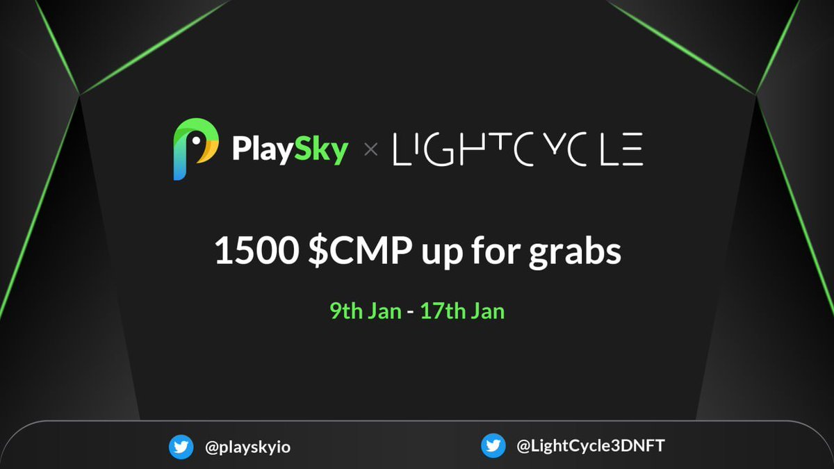 Airdrop 1500 $CMP to Celebrate LightCycle X PlaySky Partnership🎁

- Retweet, ❤️, Tag 3
- Follow <a href="/playskyio/">PlaySky</a> &amp; @LightCycle3DNFT
- Join t.me/LightCycle3DNFT &amp; t.me/playskyio
- Task away ⤵️
gleam.io/oLw1n/airdrop-…

Good luck 🥰

#Giveaway #Airdrop #NFTs #CMP #caduceus
