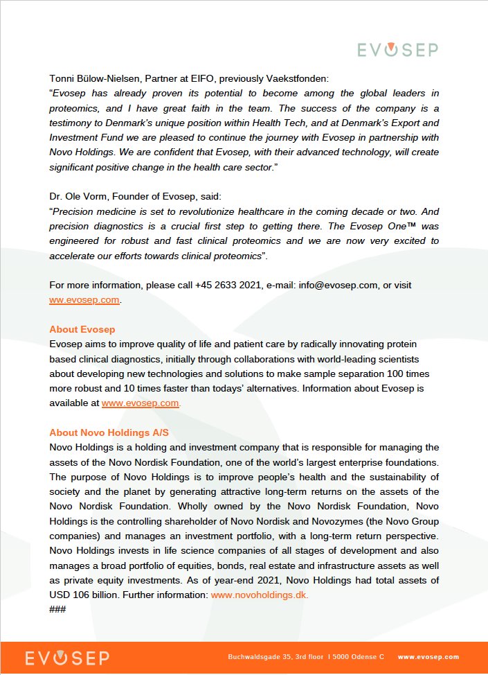 EvosepBio's tweet photo. ODENSE, DENMARK – Evosep Aps (January 9, 2022)
Evosep today announced that @novoholdings has become a minority shareholder in Evosep Aps with a US$ 40m investment to further Evosep’s technology and application portfolio for clinical proteomics.
#proteomics #clinicalanalysis https://t.co/0CEnpe1QQm