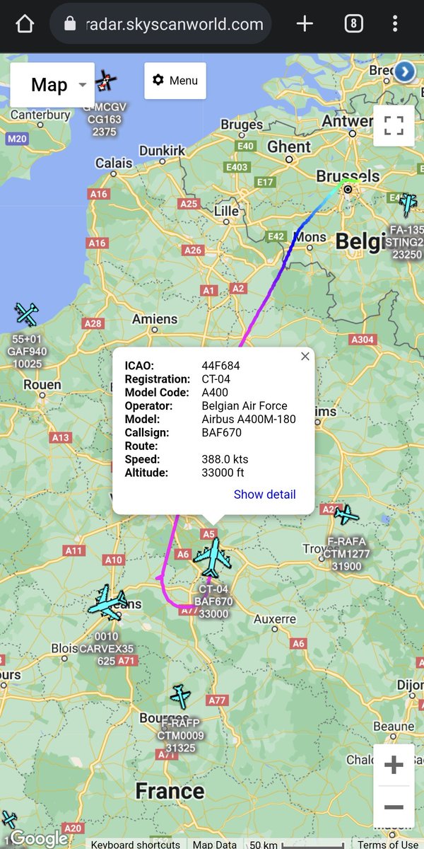 scan_sky's tweet photo. Belgian Air Force 🇧🇪 - Airbus A400M - CT-04 - #BAF670
Departed From Melsbroek Air Base 🇧🇪 & Was Due To Fly To Nice Côte d'Azur Airport 🇫🇷
Appears To Have Turned Around South Of Paris & May Possibly Be Routing Back To Melsbroek https://t.co/uLz0perVao