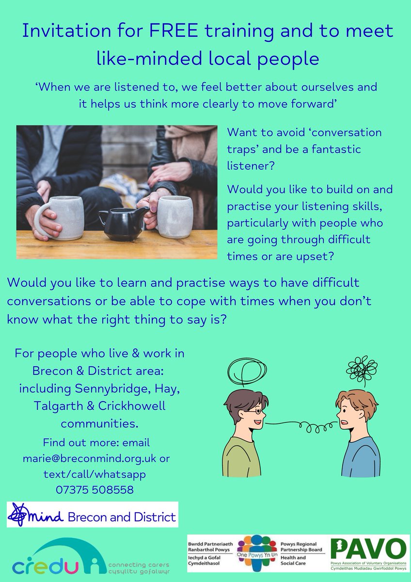 PAVOtweets's tweet photo. ๐ขLooking to improve your communication skills?
Live in the Brecon, Hay, Talgarth or Crickhowell areas? Then this is the course for you @BreconMind & @CreduCarers have developed #CollaborativeCommunication training to facilitate difficult conversations ๐
https://t.co/XtI1Rkg2wu https://t.co/Ahxygyj1gc