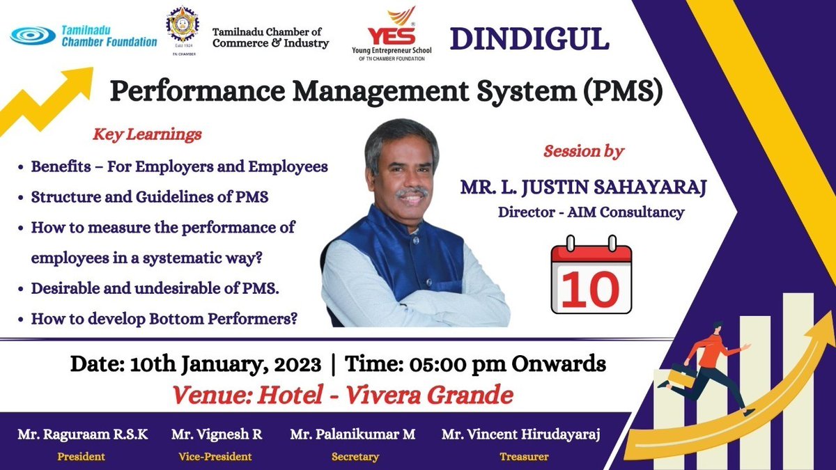 YESConnectin's tweet photo. Young Entrepreneur School – YES DINDIGUL Presents

Topic: Performance Management System (PMS)

Date: 10-01-2023 (Tuesday)
Time: 05.00 PM Onwards
Venue: Hotel - Vivera Grande

By MR. L. JUSTIN SAHAYARAJ
Director - AIM Consultancy

Website: https://t.co/fvhJdOII2p https://t.co/Cq01xkqQAq