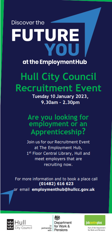 hull_hub's tweet photo. Last chance to book your place.
1 more day before we host our first event of the year. Book your place now by calling: 01482 616623 or emailing: employmenthub@hullcc.gov.uk
#hullcc #hullccnews #hulltraining #futureyou #recruiting #jobs #apprenticeships https://t.co/yPiNh21exX