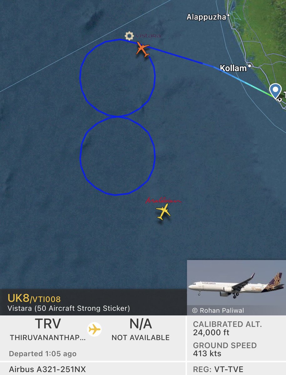 Yuvlicious's tweet photo. VT-TVE creating the number 8 about 100 miles from Thiruvananthapuram on @airvistara’s 8th anniversary. #AFlightToRemember 💜 https://t.co/W5SR8l5N4T