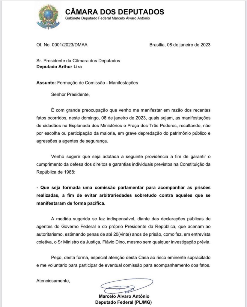 GabiLapouble's tweet photo. 🚨O deputado @Marceloalvaroan enviou ofício ao presidente da Câmara @ArthurLira_ p que seja formada Comissão Parlamentar afim de acompanhar as prisões e opositores não sejam perseguidos. Manifestantes pacíficos não devem ter o mesmo tratamento que vândalos. https://t.co/If0ydj30wN