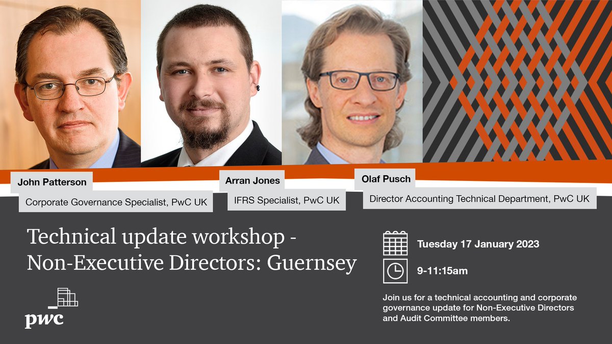 PwC_CI's tweet photo. Join us for our Guernsey technical accounting and corporate governance update for Non-Executive Directors and Audit Committee members. 

The workshop update includes focussed, tailored sessions held by subject matter experts from @PwC_UK. 

https://t.co/zX0RRQjeTe https://t.co/0pHUYsOsTG