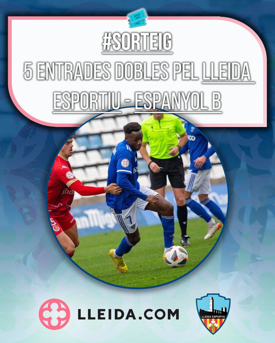 Lleidacom_ag's tweet photo. 🎟️ #SORTEIG | Regalem 5 ENTRADES DOBLES (lateral) pel #LleidaEsportiu - Espanyol B!⬇️
1️⃣ Like❤️+RT🔃
2️⃣ Menciona/comenta amb qui aniries al partit
3️⃣ Segueix @Lleidacom_ag, @lleidacom i @SalvarLleidaEsp
🍀Tanquem 13/1 (11h)
🔗Més info i bases: https://t.co/x9iw3afdp5 https://t.co/PY4XrZEFkH