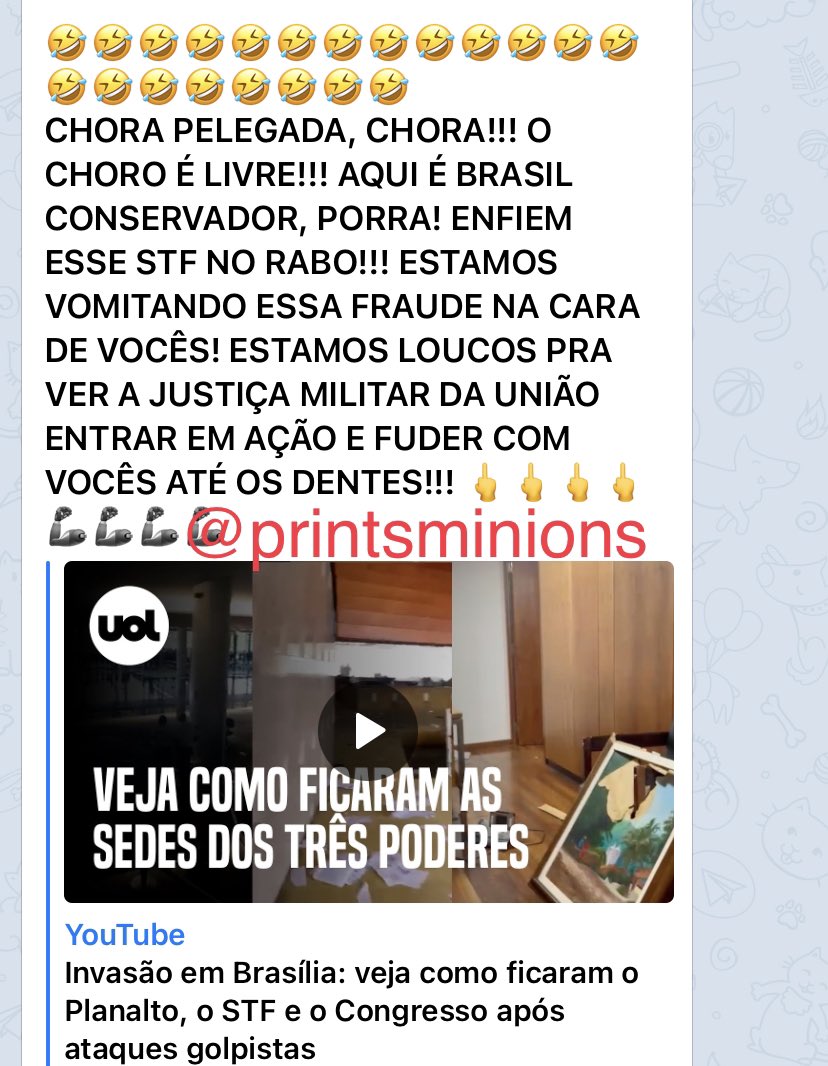 e ficam insistindo no discurso que foram infiltrados que quebraram tudo.
isso aqui é a terrorista Ana Priscilla Azevedo no canal dela que ainda está ativo